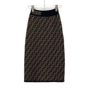 Fendi Womens Knitted Skirt Dark Brown FF Logo Pattern Viscose Blend Size 36 XS M